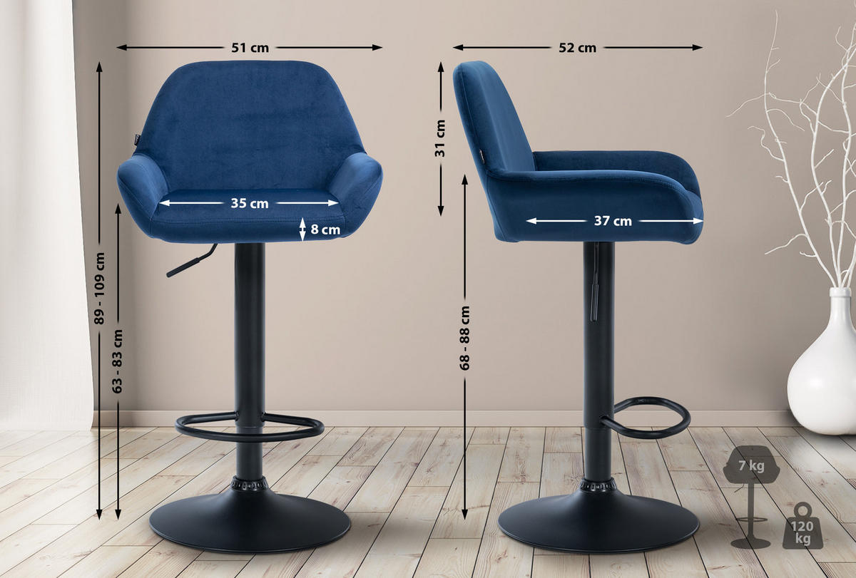 BARHOCKER 2er Set Samt blau - Blau/Schwarz, Textil/Metall (51/89/52cm) - CLP