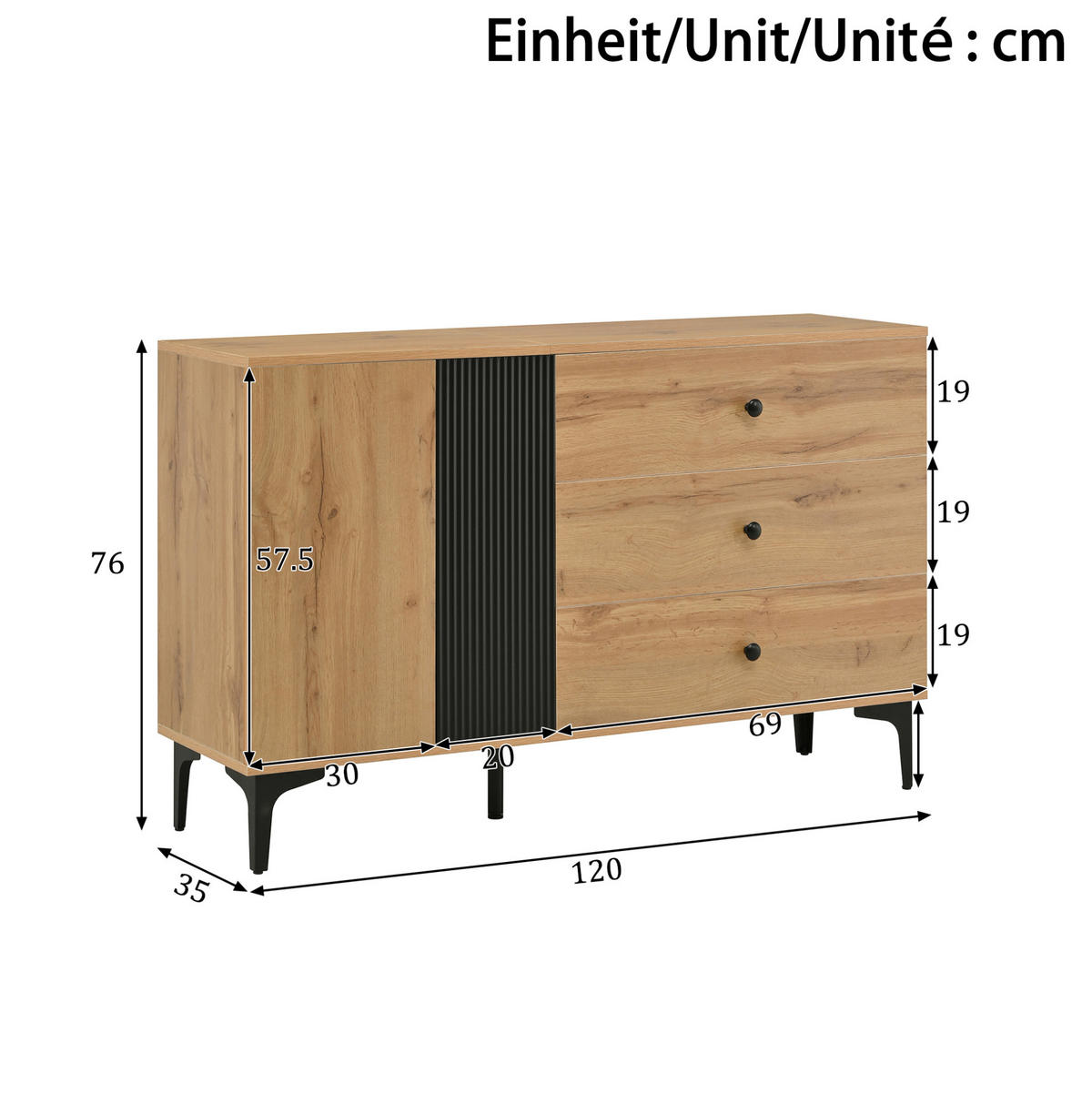 SIDEBOARD 120/35/76 cm Natur/Schwarz aus Holzwerkstoff mit 3 Schubladen - Schwarz, Holzwerkstoff (35/76/120cm) - OKMYHOME