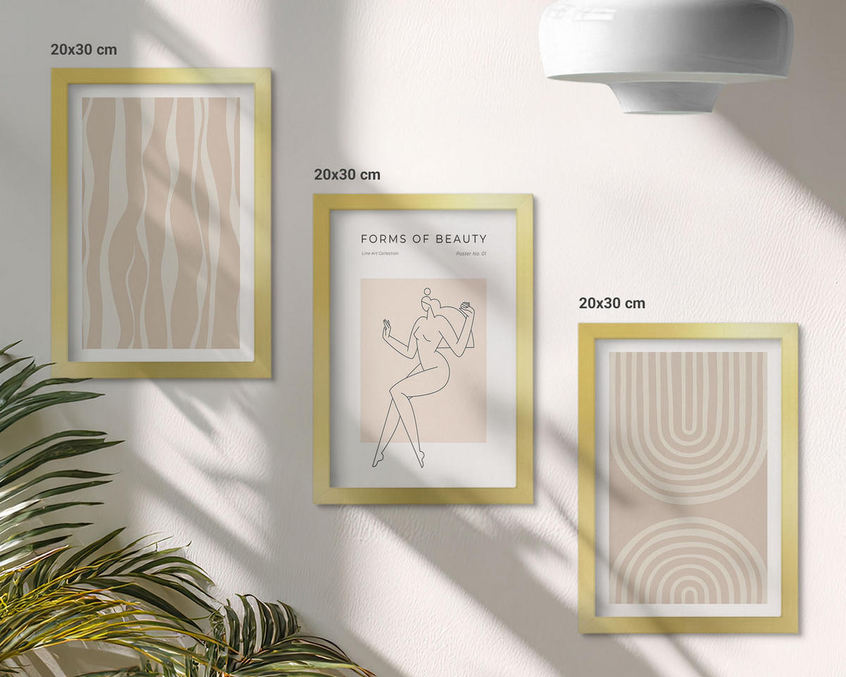 WANDBILDER 3er Set - 20x30 cm Goldrahmen - Abstrakte Boho-Dekorationen - Goldfarben, Kunststoff (20/30cm) - ArtPrintCave
