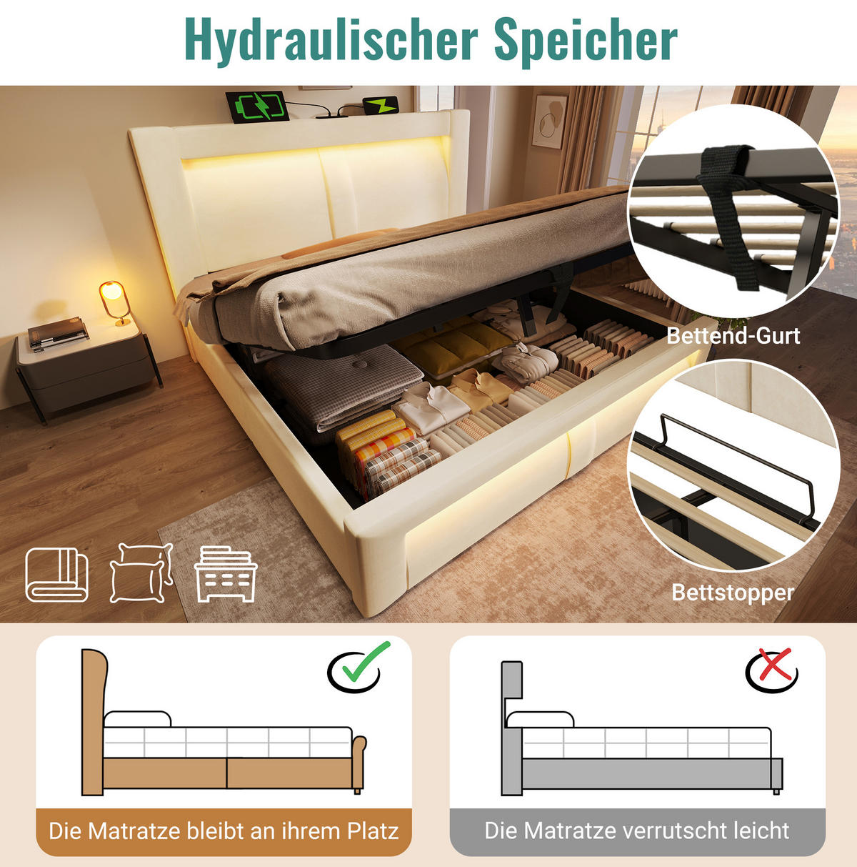 POLSTERBETT 160/200 cm Beige aus Samt mit Stauraum, LED und Ladeanschlüssen - Beige, Textil (160/200cm) - OKMYHOME
