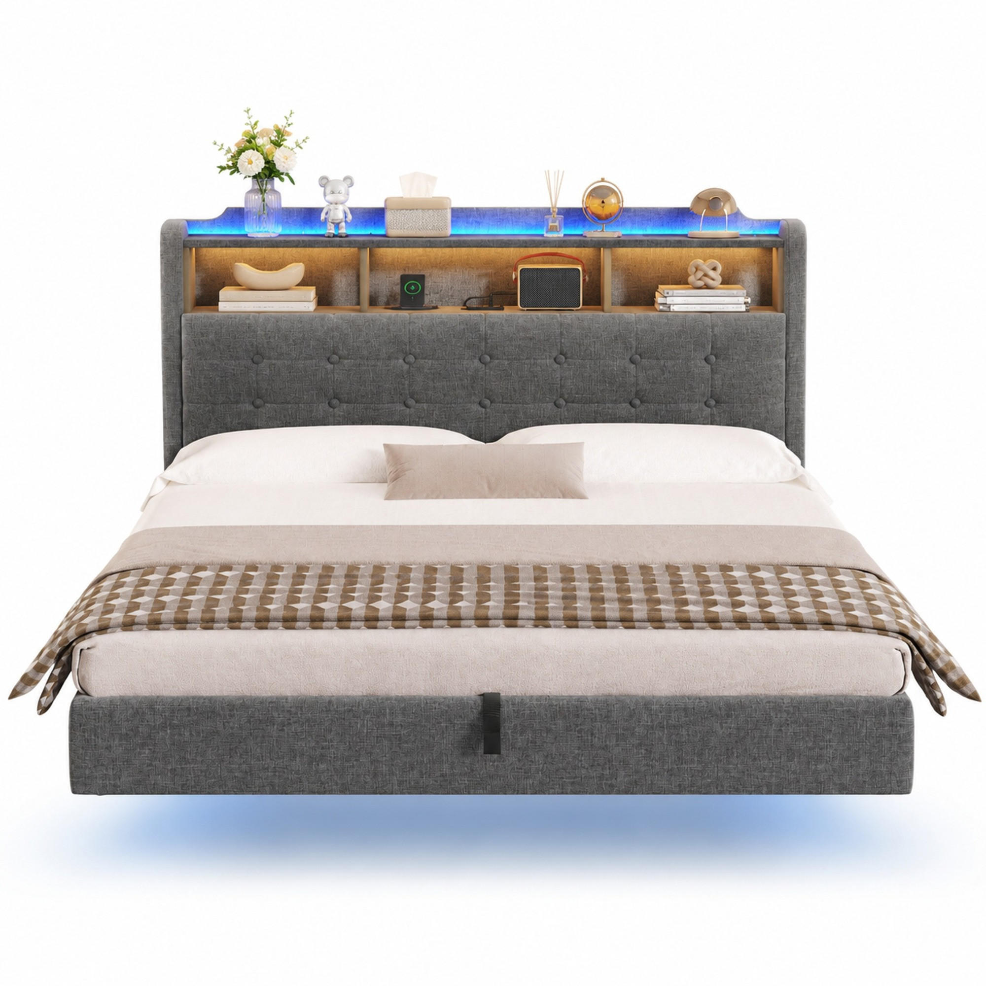 POLSTERBETT 180/200 mit Bettkasten, LED und USB aus Leinen - Grau, Holzwerkstoff/Textil (180/200cm) - EVRYAE