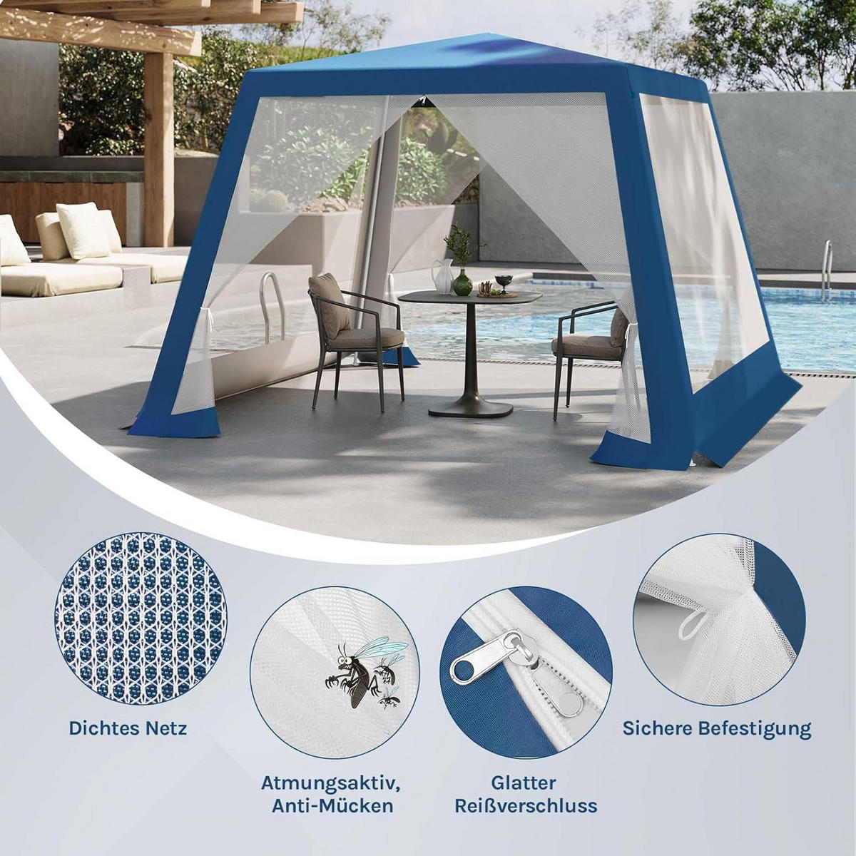 PAVILLON 3x3 m, Gartenpavillon mit Seitenwänden Moskitonetz - Blau, Metall (300/250/300cm) - Woltu