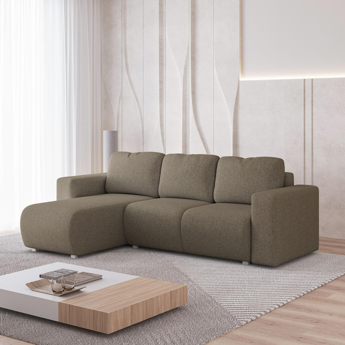 ECKSOFA RINOVA Braun Geflochtener Stoff mit Schlaffunktion - Braun, Holz (250/143cm) - MASSENO