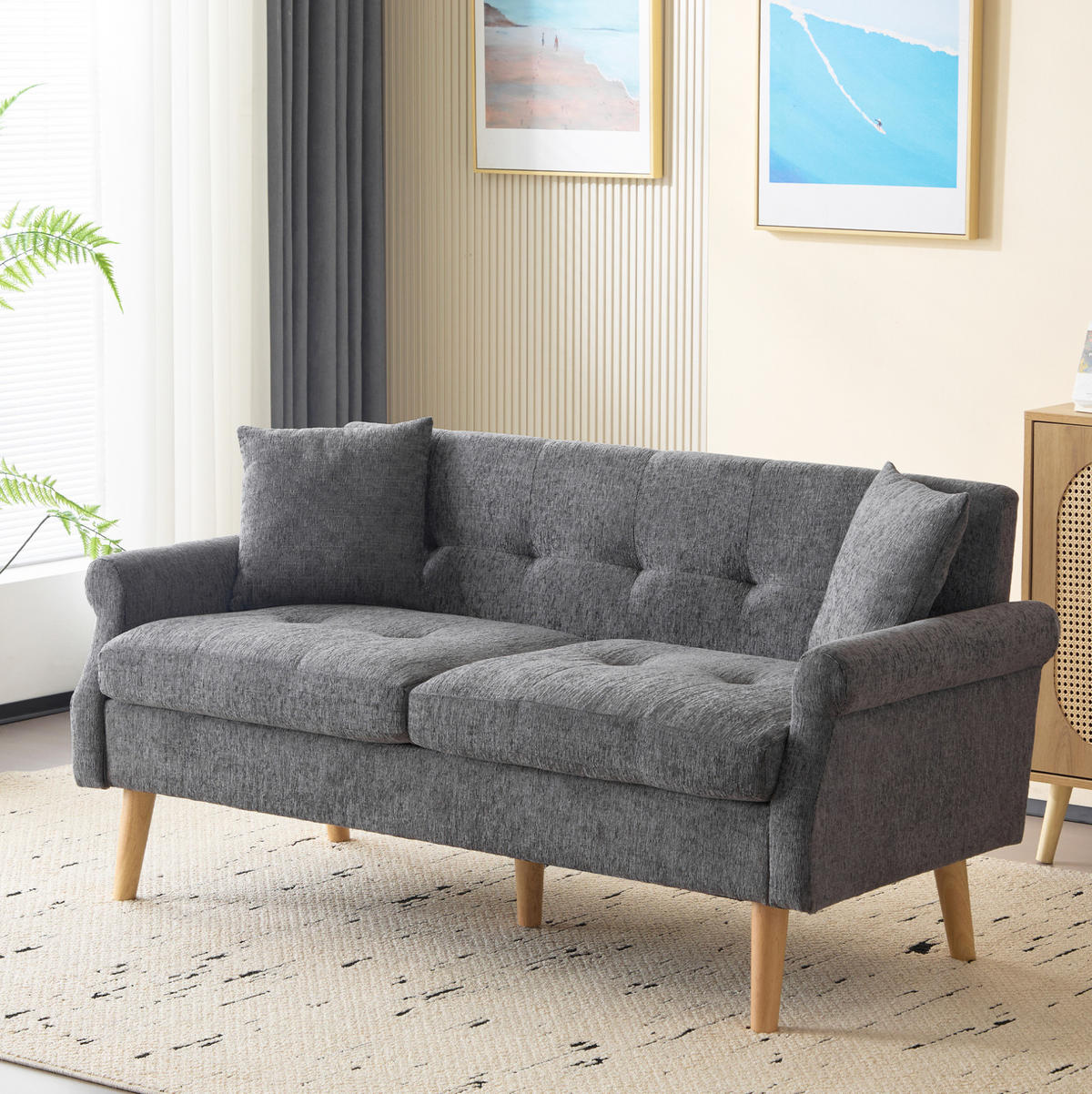 2-SITZER Sofa Chenille mit 15 cm Sitzkissen und Massivholzbeinen 162/74/77 cm Grau - Grau, Textil (77/162/74cm) - Redom