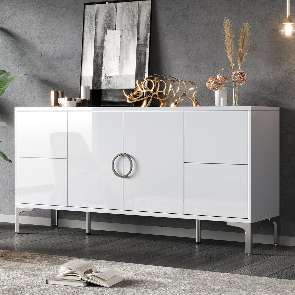 SIDEBOARD Weiß MDF 4 Schubladen 2 Türen 150x38x59.5cm Hochglanz - Weiß, Holzwerkstoff (38/59.5/150cm) - FLIEKS