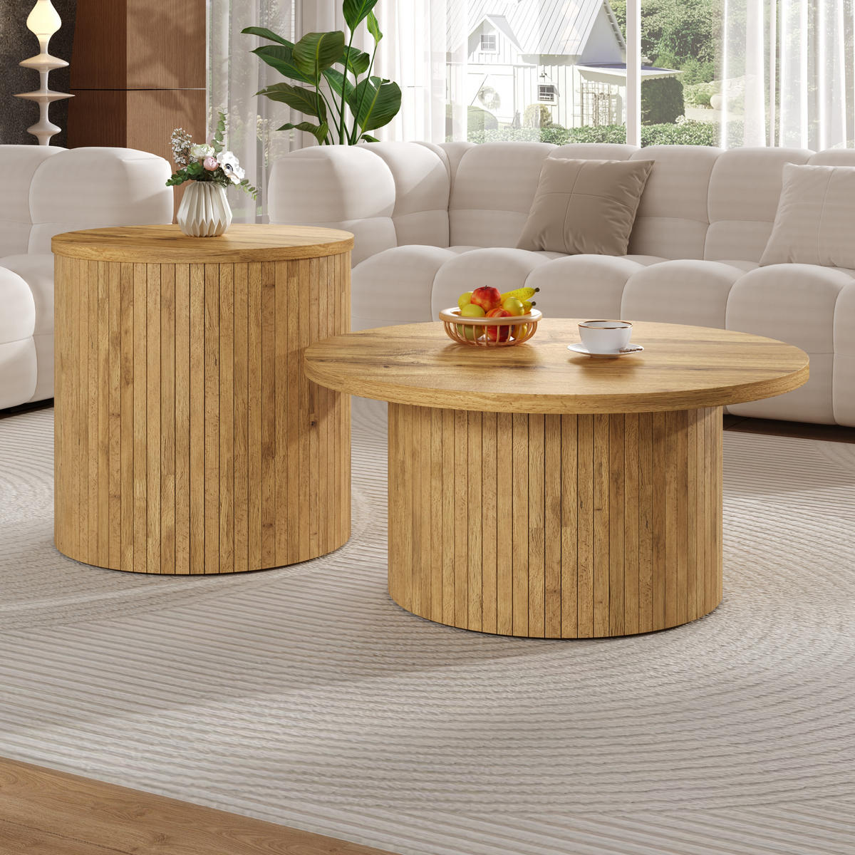 COUCHTISCH Rund Doppelt Naturholzlatten Multifunktion - Naturfarben, Holzwerkstoff (75/75/36cm) - FLIEKS