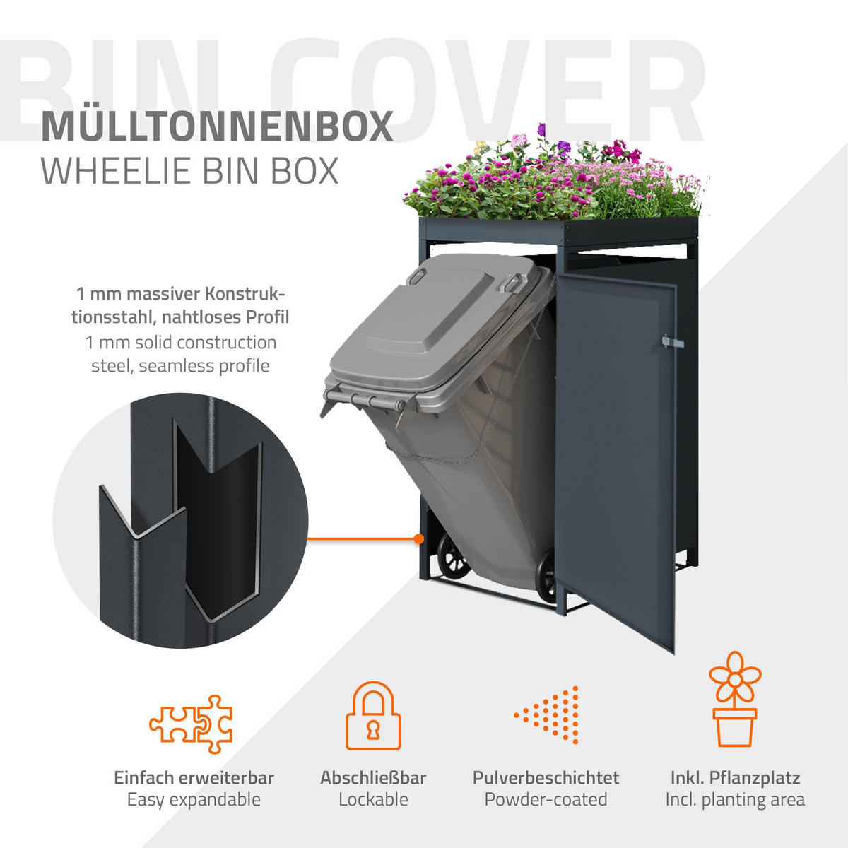 MÜLLTONNENBOX 1er mit Pflanzdach Anthrazit - Anthrazit, Metall (80/124/68cm) - ML-DESIGN