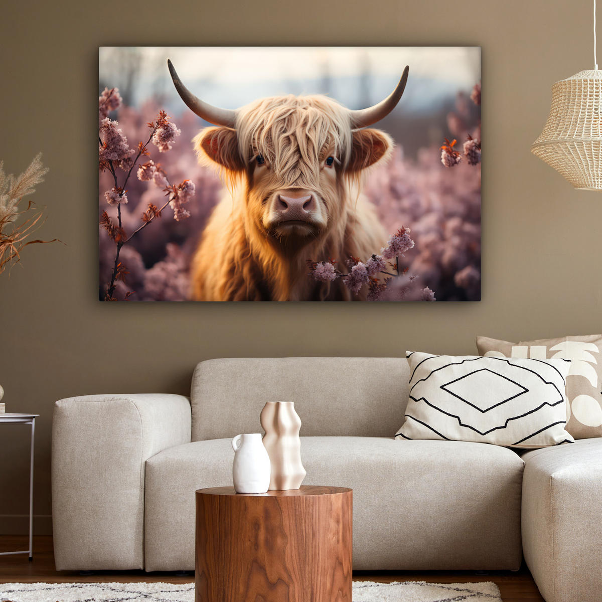 LEINWANDBILD Schottischer Hochländer - Frühling - Hochland Wohnzimmer Groß 120x80 cm - Hellrosa, Textil (120/80cm) - MuchoWow