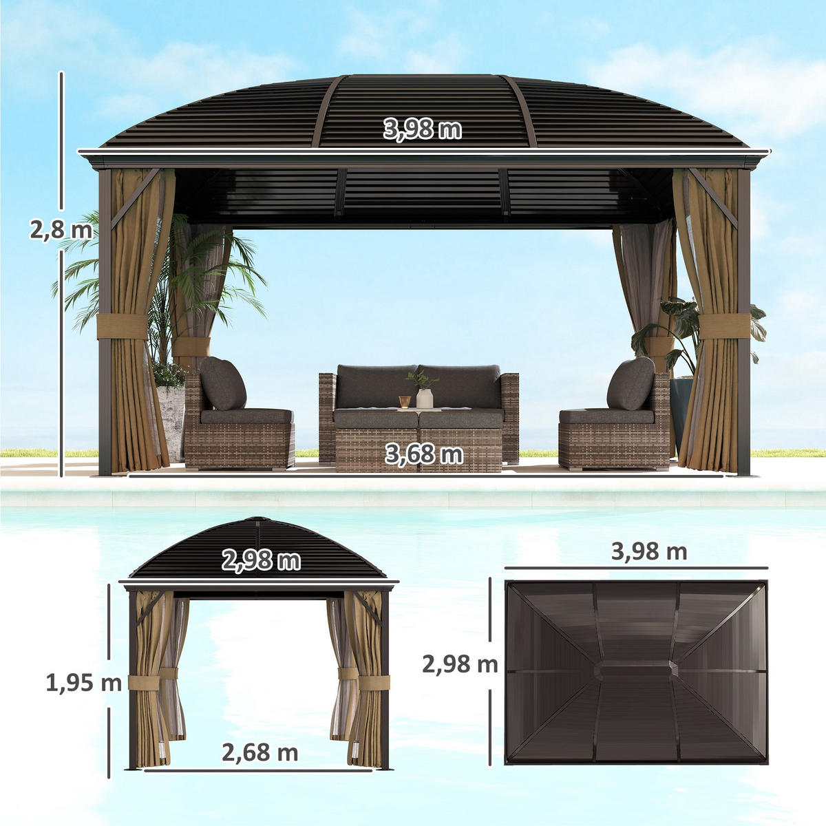 PAVILLON mit Hardtop 4x3 m - Braun, Metall (298/280/398cm) - Outsunny