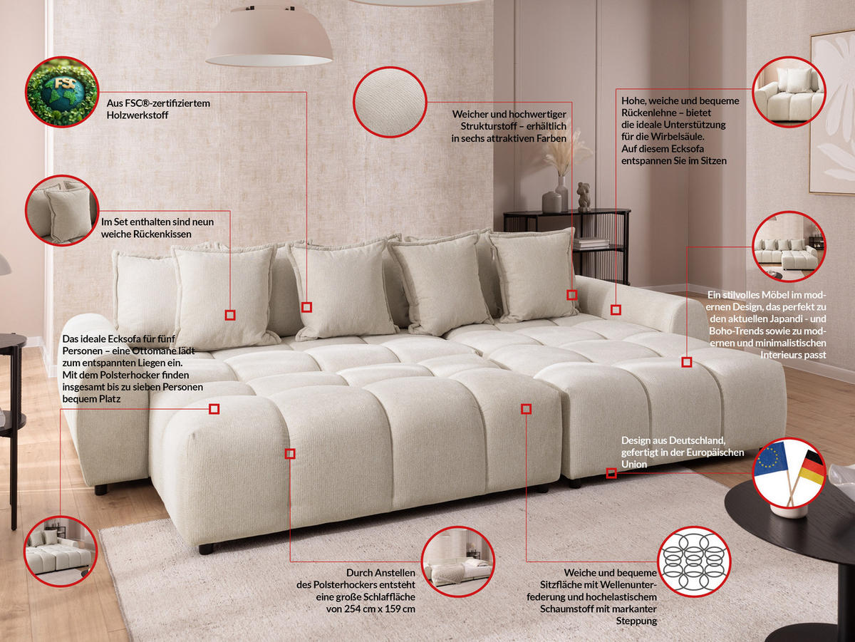 ECKSOFA inkl. Hocker Bubble mit Schlaffunktion und losen Rückenkissen, Sitzfläche Bubble-Optik aus weichem Hellbeige Strukturstoff - Ottomane Rechts - Beige/Schwarz, Holz/Kunststoff (306/180cm) - S-Style Möbel