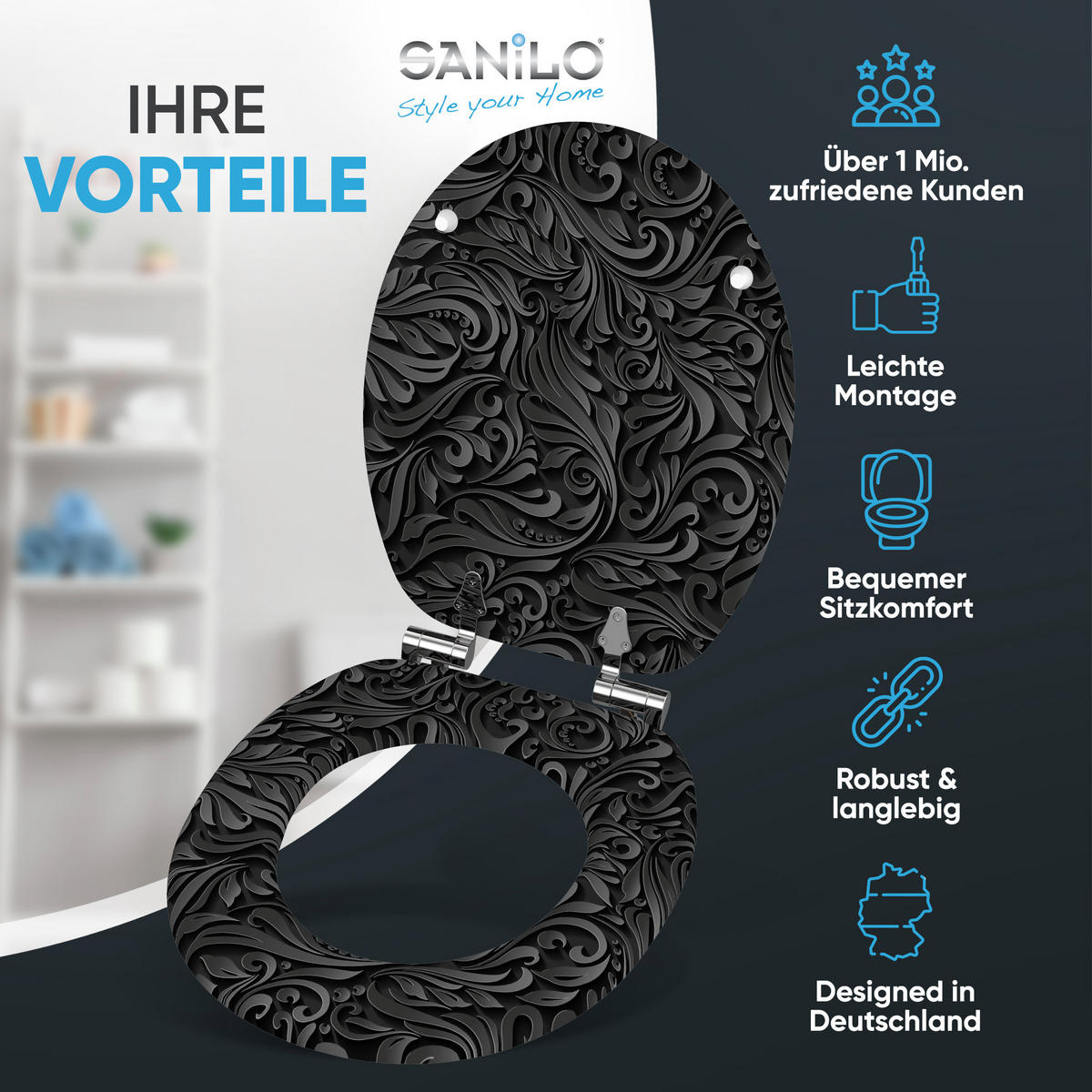 WC Sitz mit Absenkautomatik Floral - Schwarz, Holzwerkstoff (38/6/47cm) - Sanilo