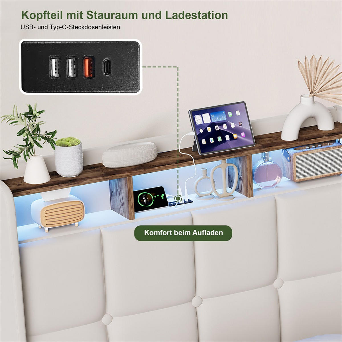 POLSTERBETT 90x200 cm mit LED-Beleuchtung und hydraulischem Stauraum - ohne Matratze - Beige - Beige, Textil (90/200cm) - DELFA