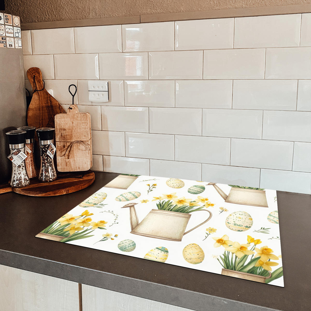 HERDABDECKPLATTE Gießkanne - Blumen - Eier Herdabdeckung Induktionsfeld 65x52 cm - Weiß, Kunststoff (65/52/0.2cm) - MuchoWow