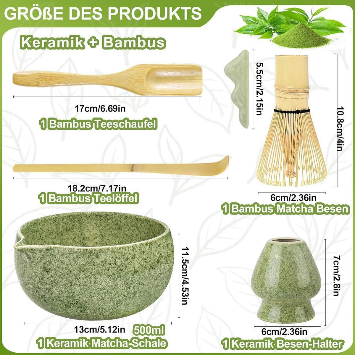 MATCHA Set 6-teiliges Set mit Bambusbesen und Schale - Grün, Keramik (115/108/130cm)