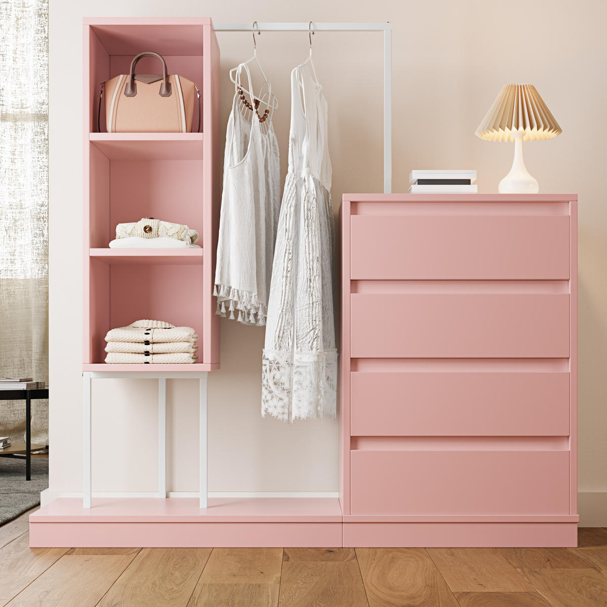 GARDEROBEN-SET in Rosa mit Kleiderstange und Schubladen für Schlafzimmer und Flur, B140/T40/H135 cm - Rosa, Holzwerkstoff/Metall (140/127.5/40cm) - STILVORA