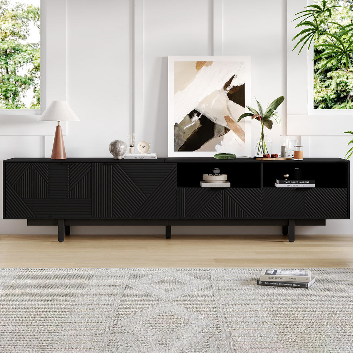 TV-SCHRANK 200x40cm Modern abstrakte Linien Stauraum Schwarz bis 90 Zoll - Schwarz, Holz (52.07/12.19/115.06cm) - FLIEKS