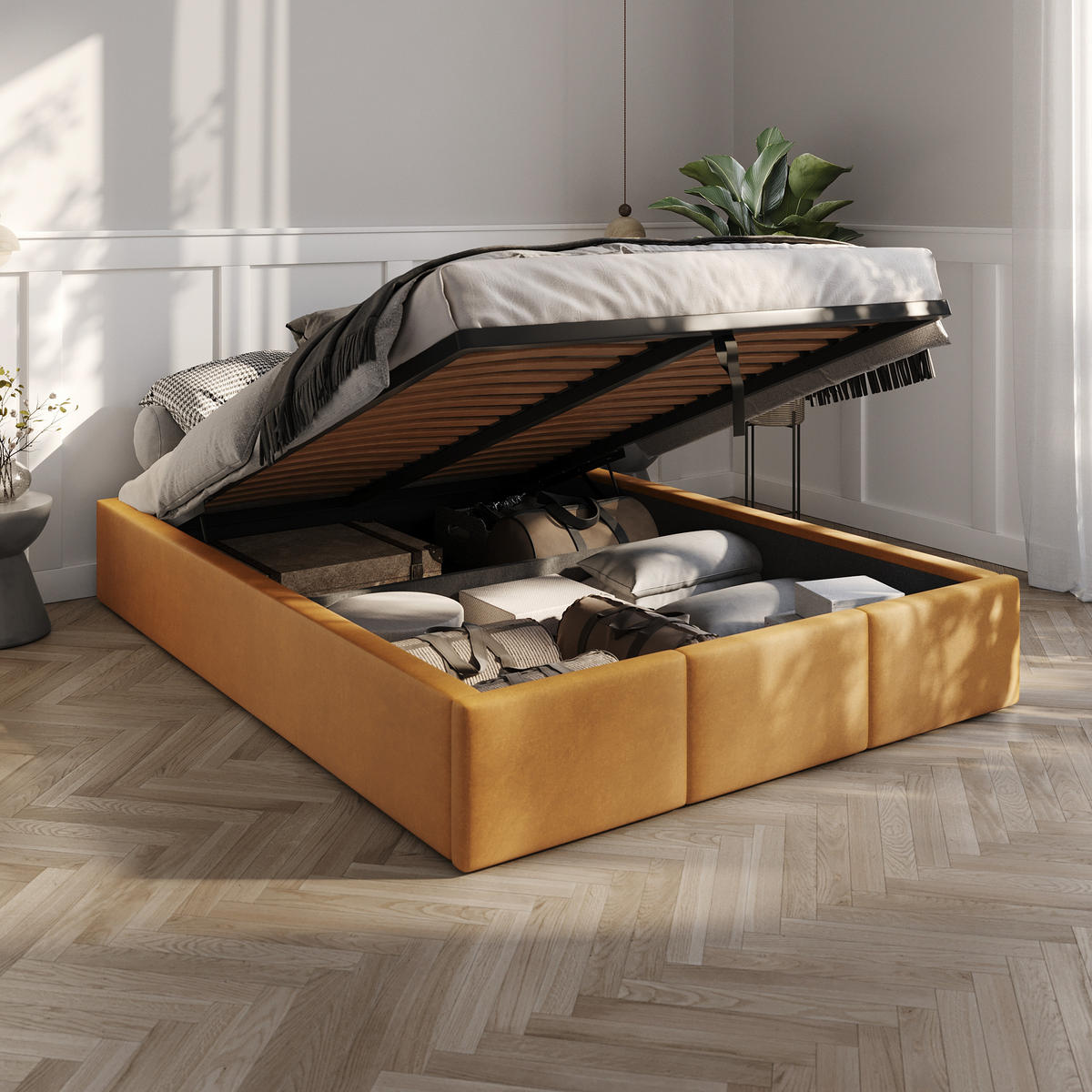 POLSTERBETT für Schlafzimmer Bett mit Stauraum Gelb 140x200cm - Gelb, Holzwerkstoff/Textil (160/200cm) - Muralo