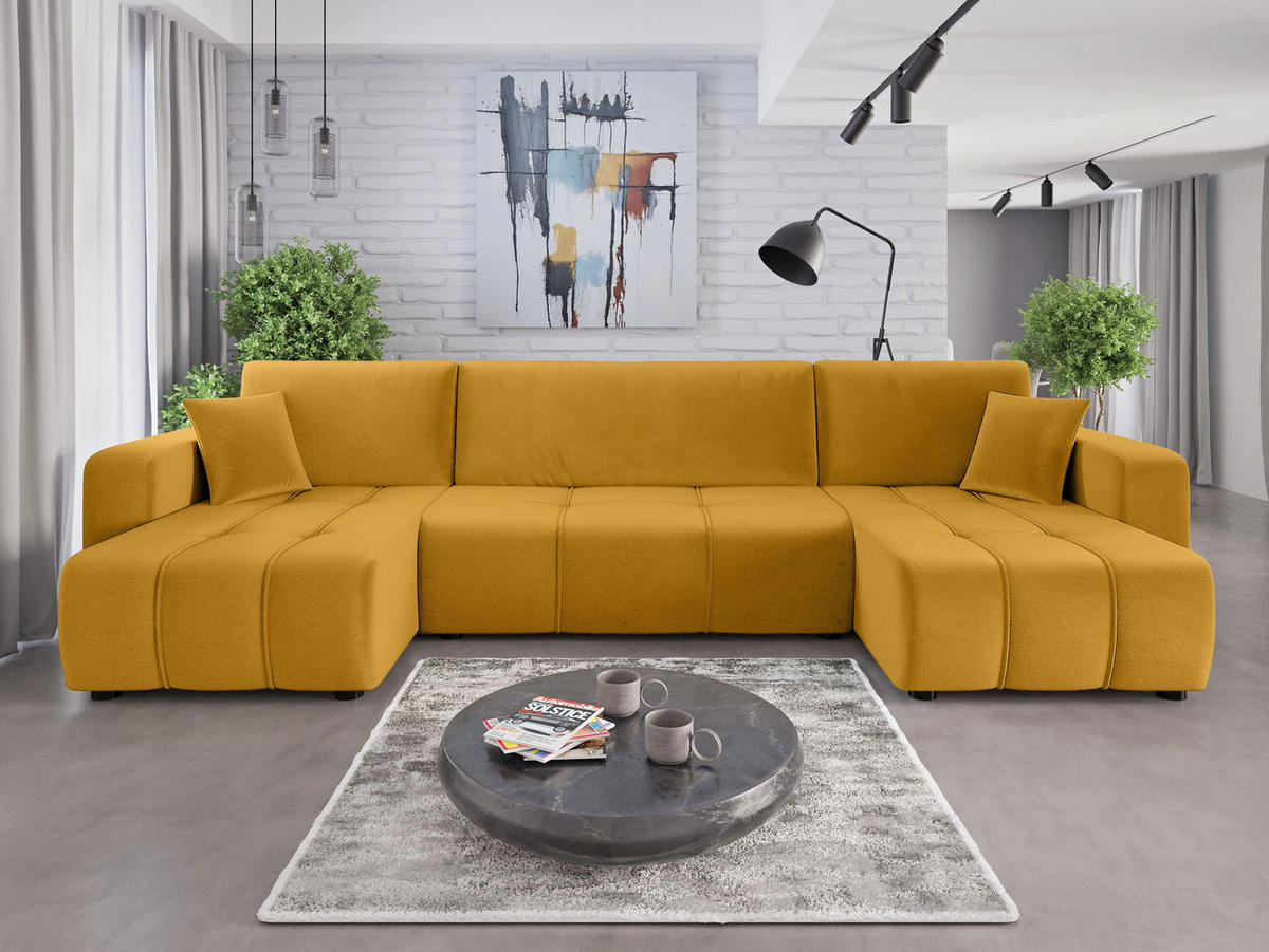 WOHNLANDSCHAFT Aice U-Form 317 cm – mit Schlaffunktion, Bettkasten, Kissen & bequemer Wellenfederung - Gelb, Kunststoff (317/85/146cm) - Wohnideebilder