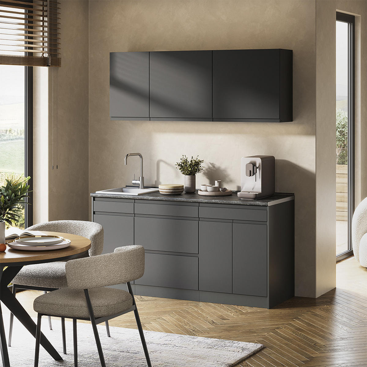 SINGLEKÜCHE R-Line, Anthrazit/Anthrazit, 160 cm Arbeitsplatte Satin - Anthrazit, Holzwerkstoff (160/81.6/60cm) - Vicco