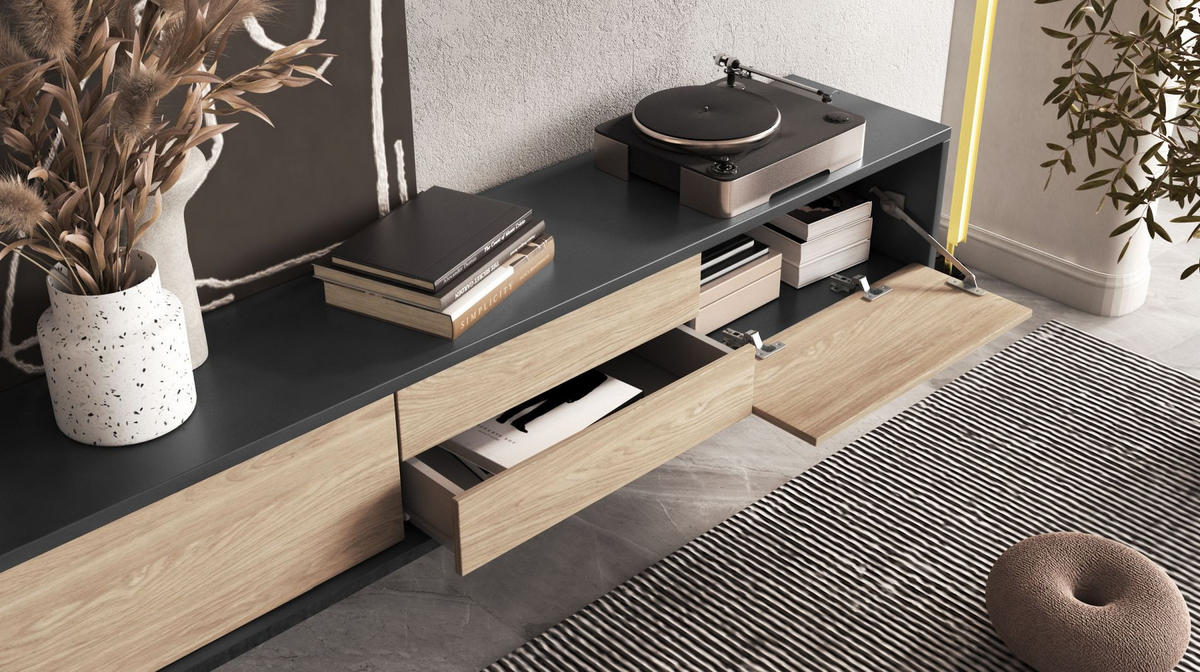TV-LOWBOARD Moddern Anthrazit / Eiche 180 cm - Beige/Anthrazit, Holzwerkstoff (180/32/36cm) - Selsey