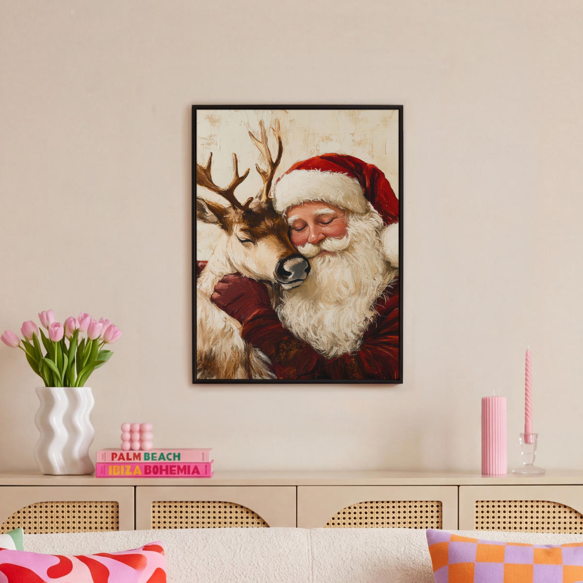 LEINWAND Bilder mit Rahmen - Weihnachtsmann - Rentier - Weihnachten - 60x80 - Rotbraun, Textil (60/80cm) - MuchoWow