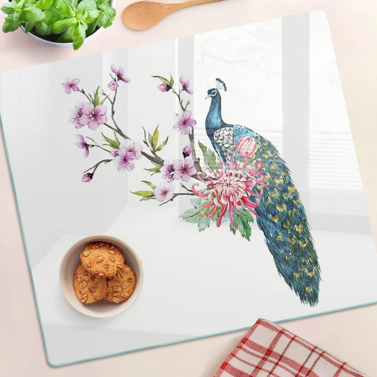 GLASPLATTE 60x52 cm Pfau und Blumen - Multicolor, Glas (60/0.4/52cm) - TULUP