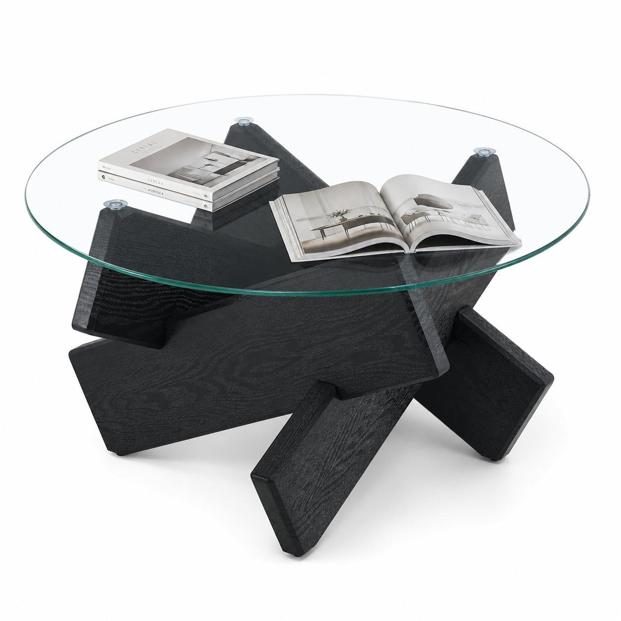 COUCHTISCH in Schwarz Wohnzimmertisch mit Kreativer kreuzförmiger Holzrahmen für Wohnzimmer, B79/T79/H45 cm - Transparent/Schwarz, Glas/Holzwerkstoff (79/79/45cm) - STILVORA