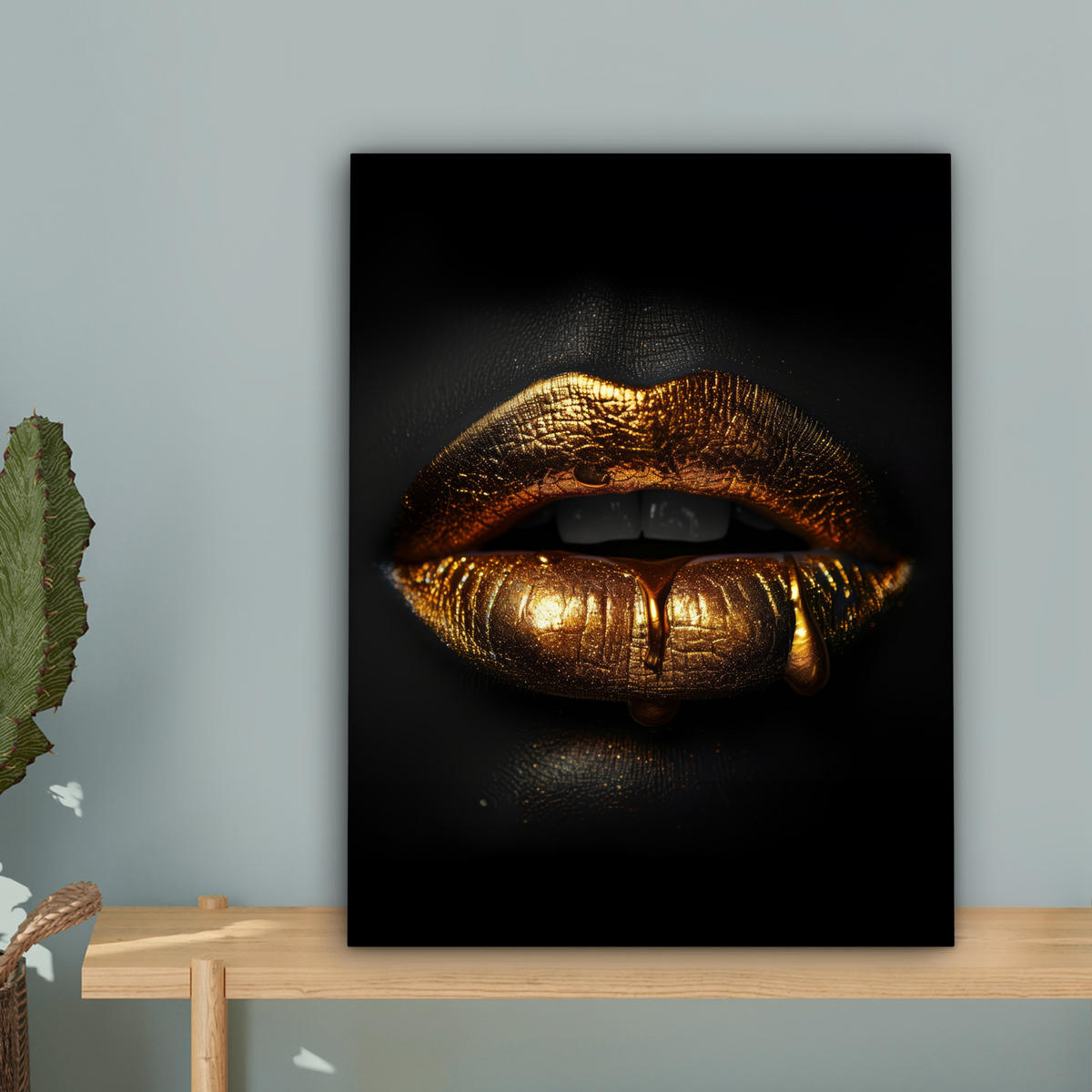 LEINWANDBILD Frau - Porträt - Lippen - Gold - Schwarz Room Decor 30x40 cm - Schwarz, Textil (30/40cm) - MuchoWow
