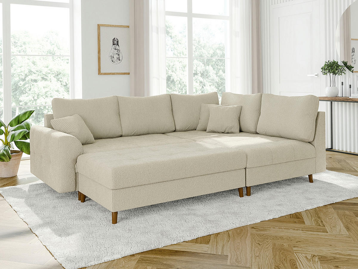 ECKSOFA inkl. Hocker Alma Beige Cord - Ottomane rechts - Beige/Braun, Holz/Textil (231/161cm) - S-Style Möbel