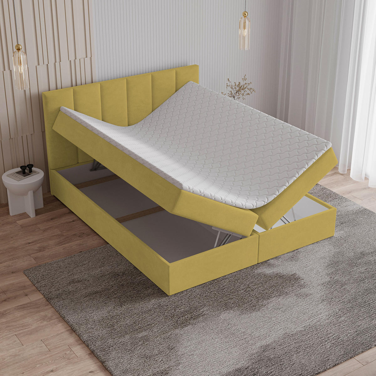 BOXBETT MERIL 140x200 cm mit Matratze und Topper - Gelb - Gelb, Holz (140/200cm) - MASSENO