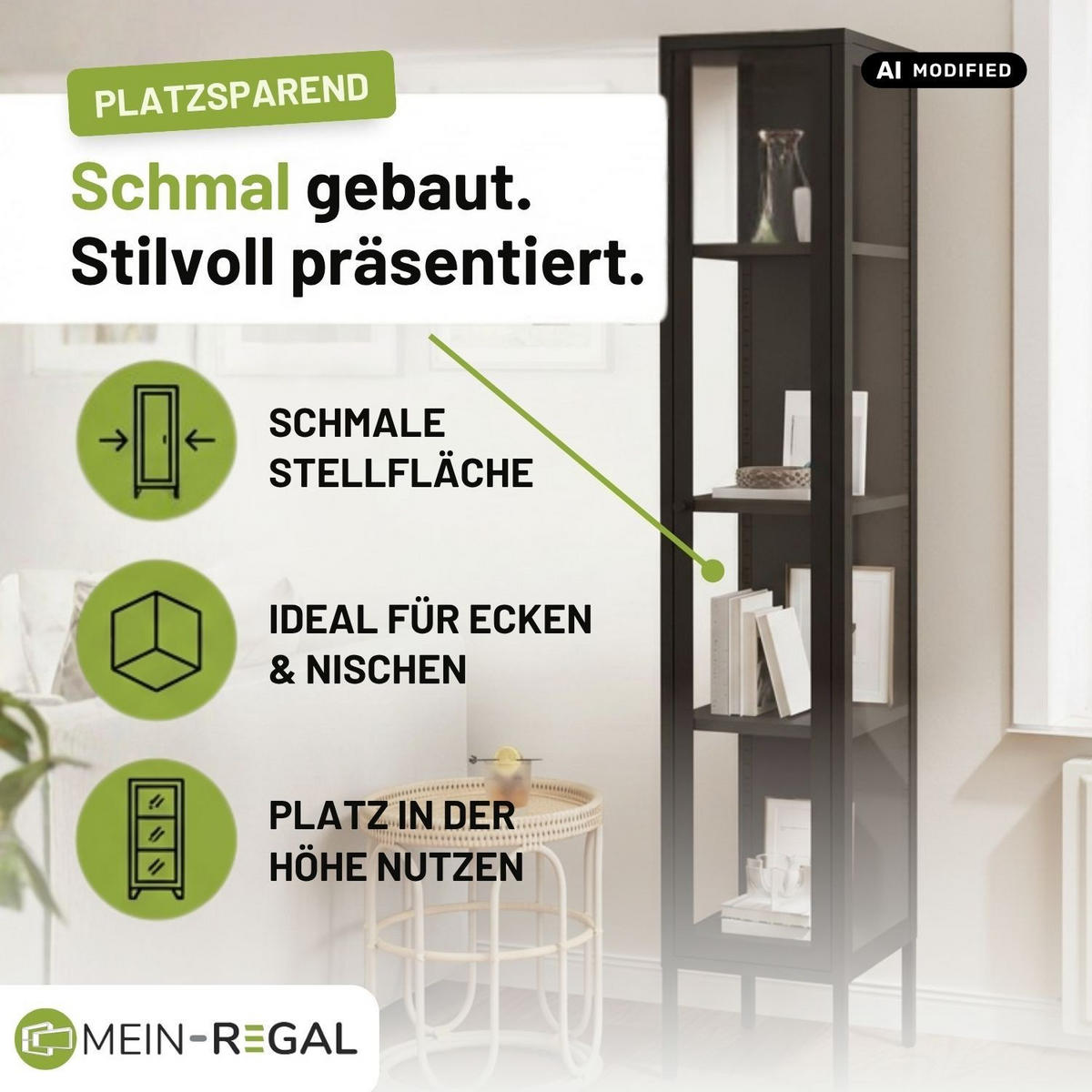 SCHMALE ECK-VITRINE GLASGOW Metall Schwarz 40/40/170 cm - Schwarz, Metall (40/170/40cm) - Mein-Regal