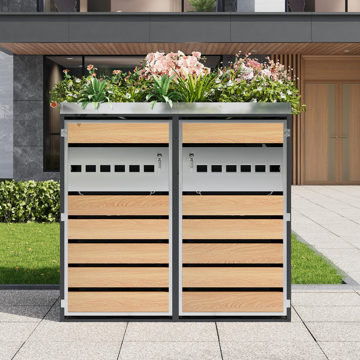 MÜLLTONNENBOX aus Stahl in Grau Holzoptik mit Pflanztrog & Belüftung - Grau, Metall (132/124.5/80cm) - Modfu
