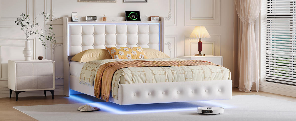 POLSTERBETT 140/200 cm weiß Samt mit RGB LED USB schwebend - Weiß, Holz