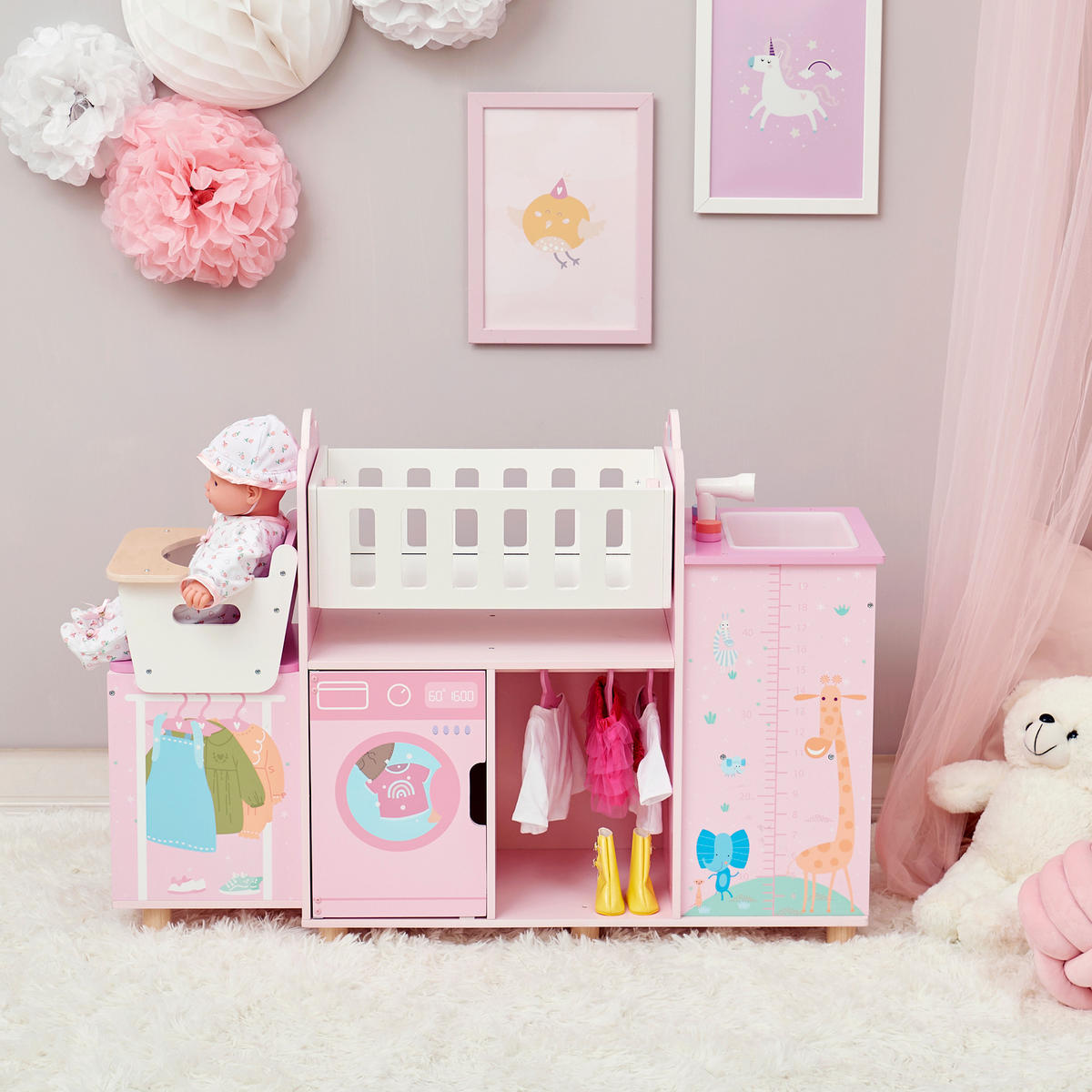 NURERY 6-in-1 Puppen mit Wiege, 63cm, Rosa - Pink, Holzwerkstoff (28/63/93cm) - Teamson Kids