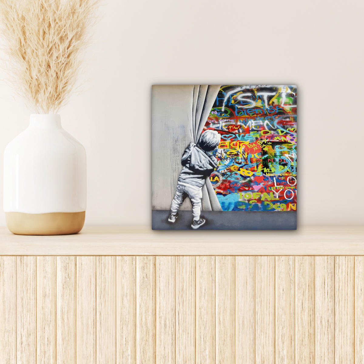 LEINWANDBILD Graffiti - Junge - Ilussie - Straßenkunst Deko Wohnzimmer 20x20 cm - Hellgrau, Textil (20/20cm) - MuchoWow