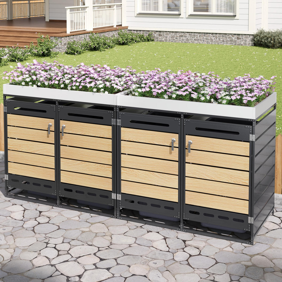 MÜLLTONNENBOX Pflanzkasten Holzoptik horizontal Schloss - Schwarz, Metall (262/120/79cm) - LEBENLANG