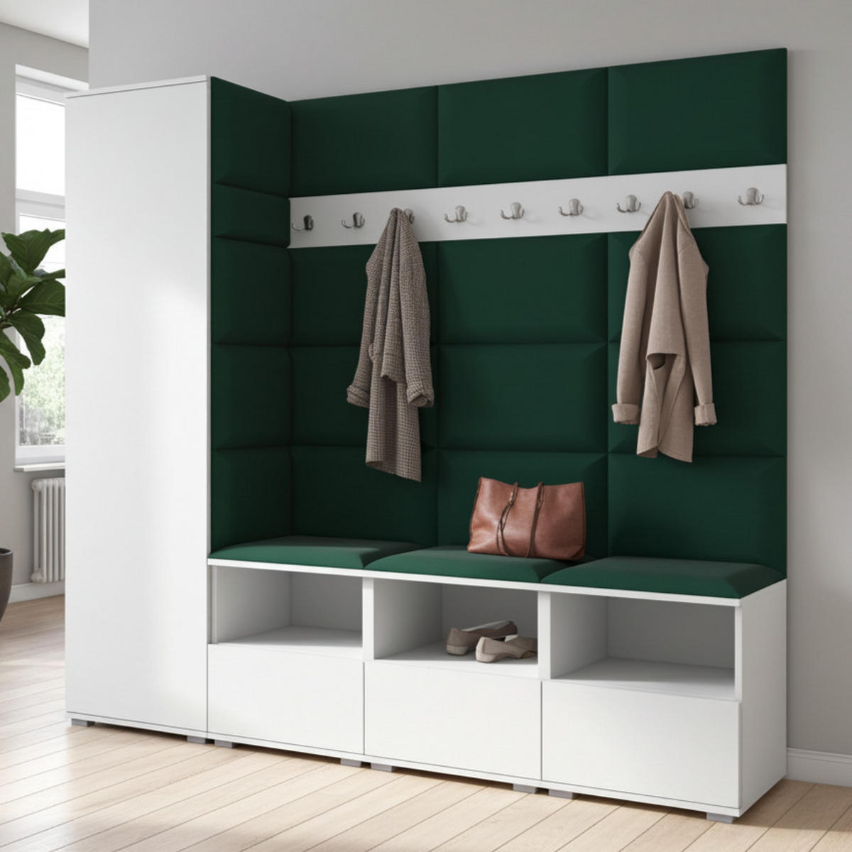 GARDEROBE NELA IX 200 cm (Modulare Flurmöbel Weiß mit Sitzpolster Flaschengrün 28 Breite Sitzbank) - Dunkelgrün/Silberfarben, Holz/Holzwerkstoff (200/187/40cm) - Ravio