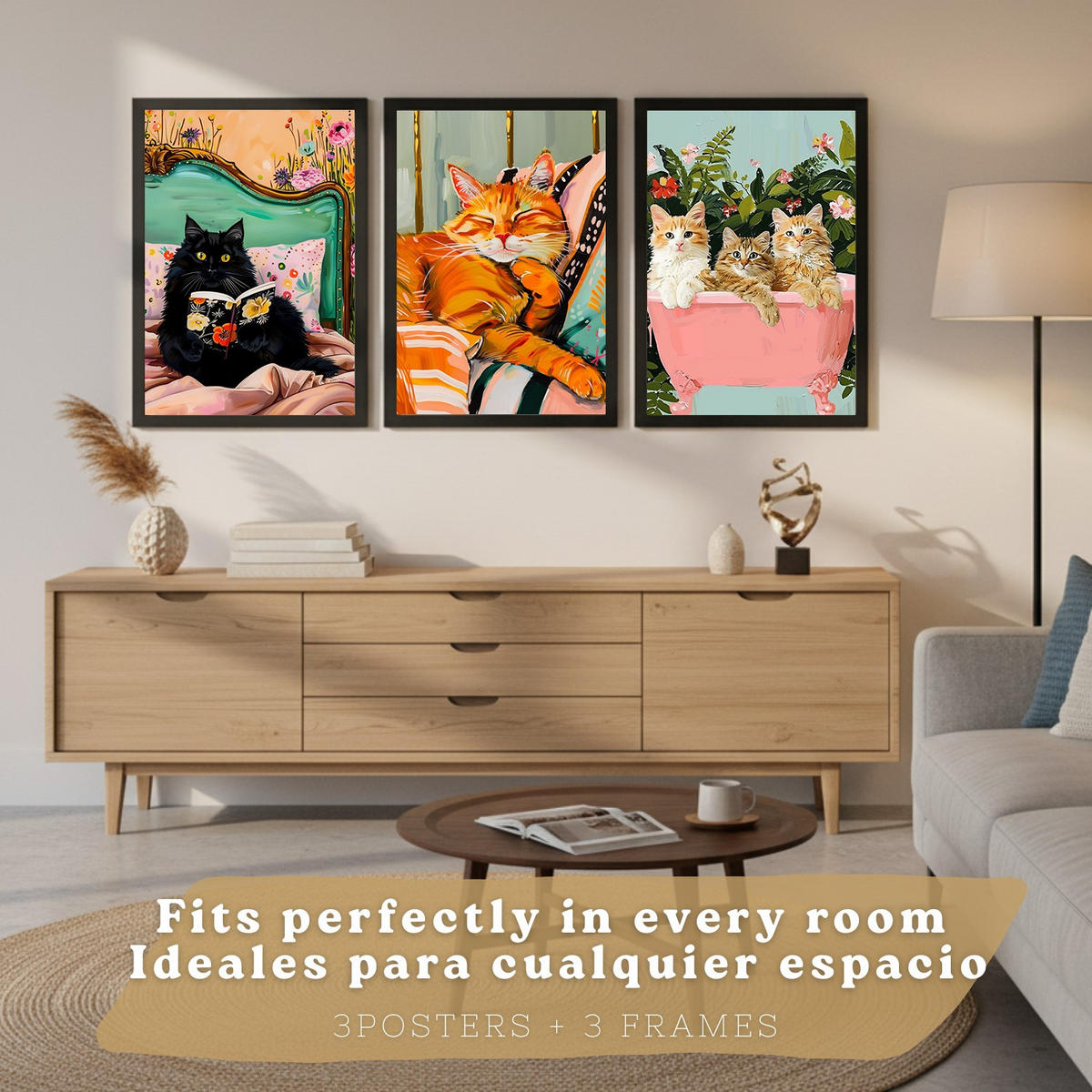 PLAKAT Sada tří dekorativních tisků nápadných koček. Fotografie moderního obývacího pokoje se zvířaty. Dekorace Koupelny Kuchyně A3 Černý rám - černá, papír (29.7/42/3cm) - Nacnic