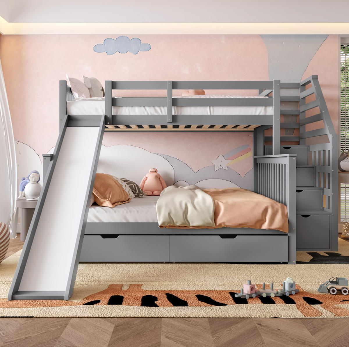 ETAGENBETT mit Rutsche und Schubladen 90x200/140x200 cm Kiefernholz Grau - Grau, Holzwerkstoff (140/200cm) - Beauniv