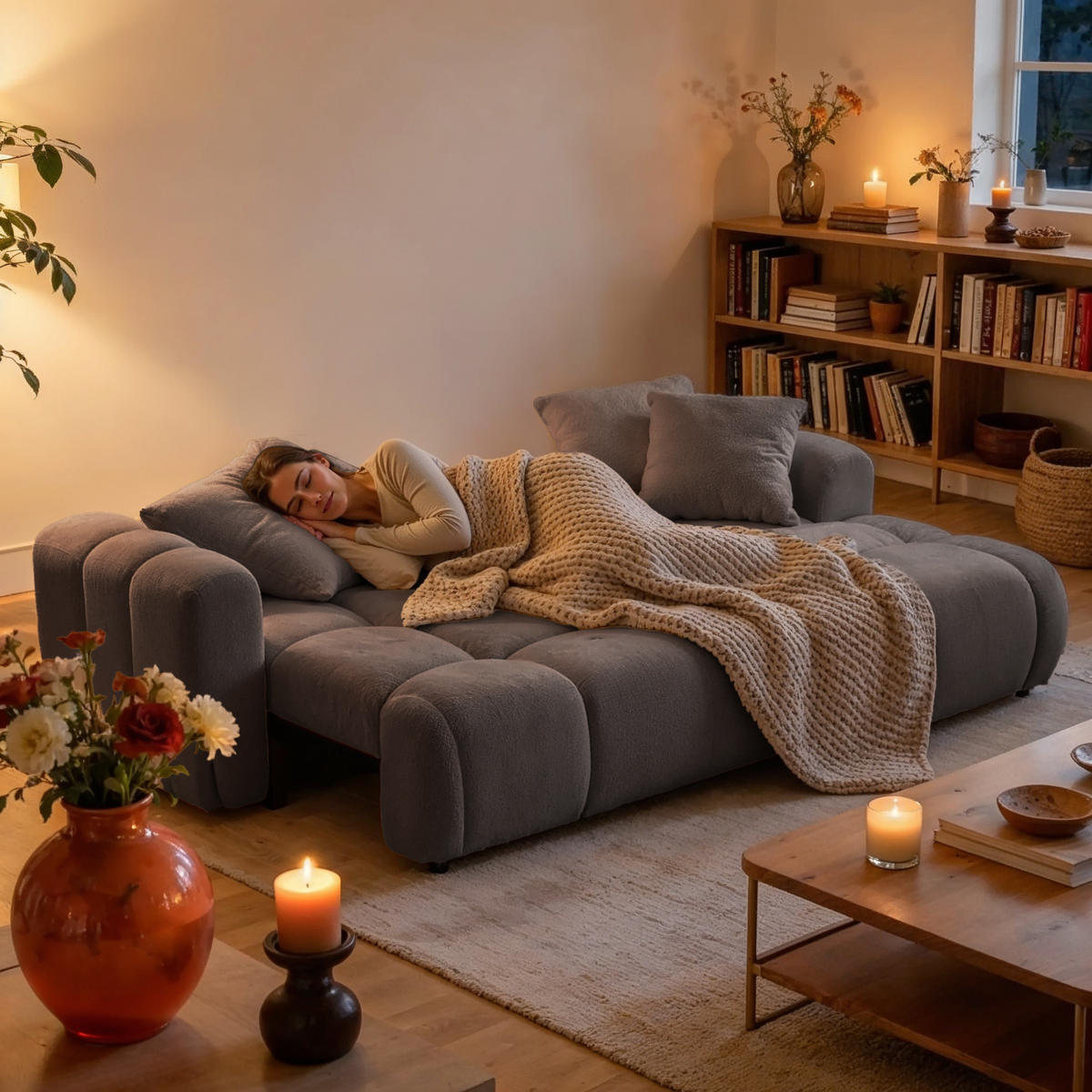 ECKSOFA CALM L Rechts mit Schlaffunktion 140x215 Webstoff beige - Beige/Schwarz, Holz/Kunststoff (151/261cm) - Muffo