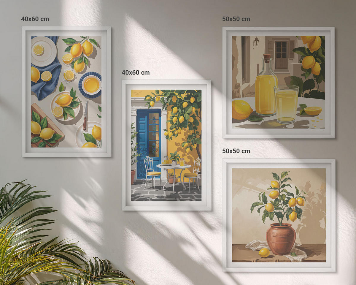 WANDBILDER 4er-Set - 50x50 cm & 40x60 cm Weißer Rahmen - Zitronengarten mit Getränken - Weiß, Kunststoff (50/50cm) - ArtPrintCave