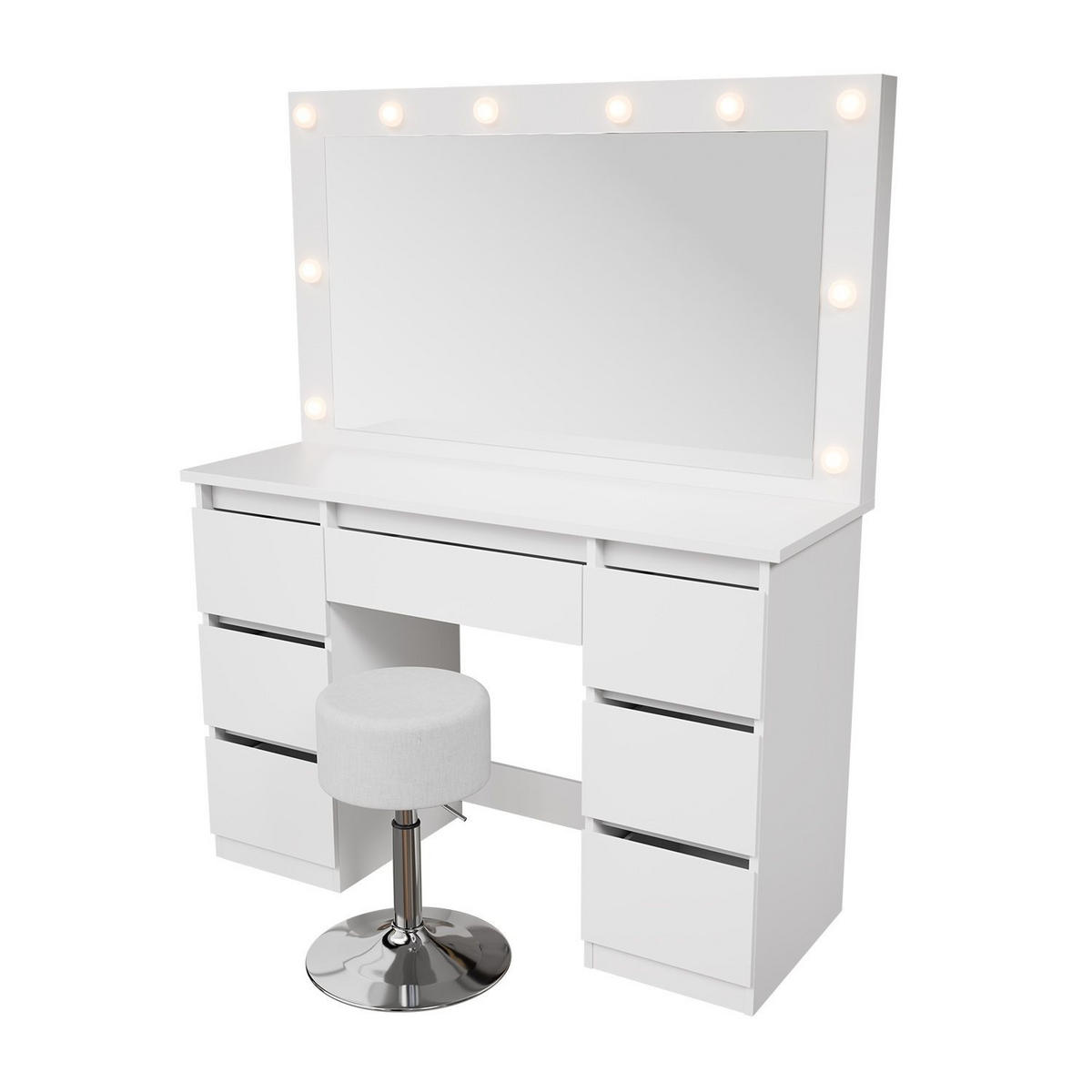 SCHMINKTISCH Lilia weiß mit LED-Beleuchtung und Hocker Tonia - Weiß, Holz (108/140/41cm) - Juskys