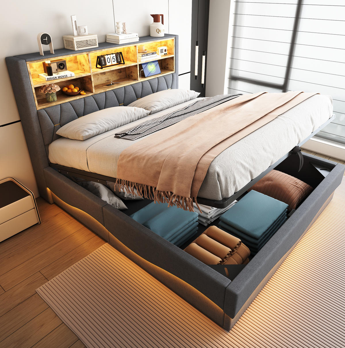 ČALÚNENÁ posteľ z ľanu a kovu 180x200 cm sivá s LED osvetlením, USB portom a hydraulickým úložným priestorom - sivá, kov (180/200cm) - Modfu
