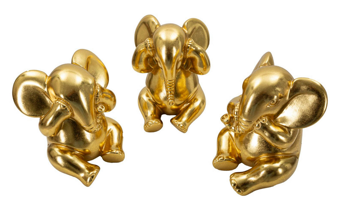 DEKOFIGUREN IM 3ER-SET, goldfarben, Polyresin, Motiv: Elefanten - Goldfarben, Kunststoff (15.5/20.5/15.5cm) - Mauro Ferretti