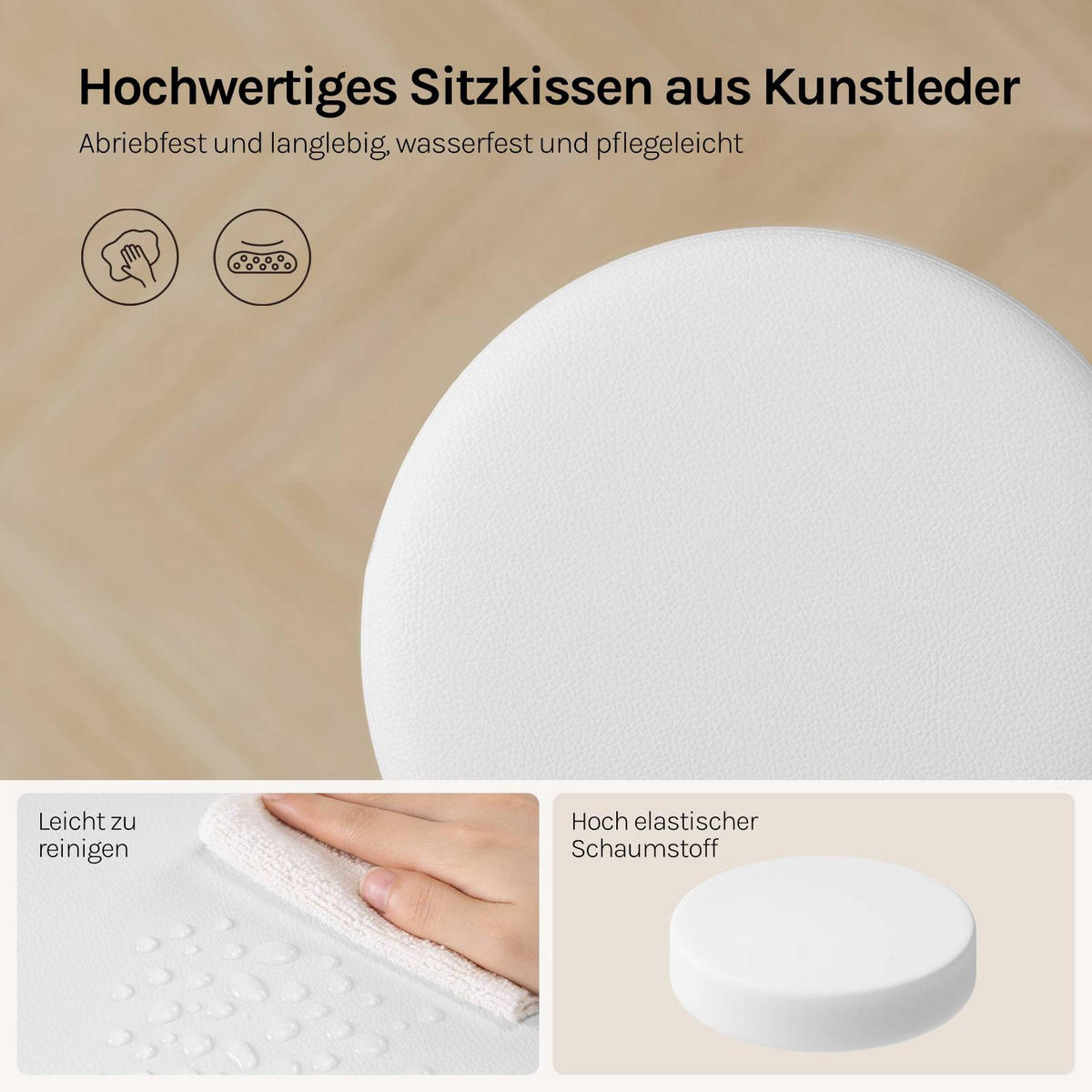 SITZHOCKER rund, Kunstleder, Weiß - Silberfarben/Weiß, Textil/Metall (38.5/56/38.5cm) - Woltu