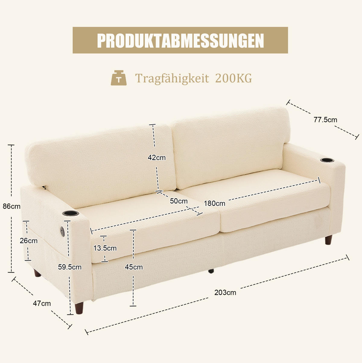 ZWEISITZER Sofa Chenille mit USB-Anschluss und LED-Licht 203/77,5/86 cm Beige - Beige, Textil (77.5/86/203cm) - Redom
