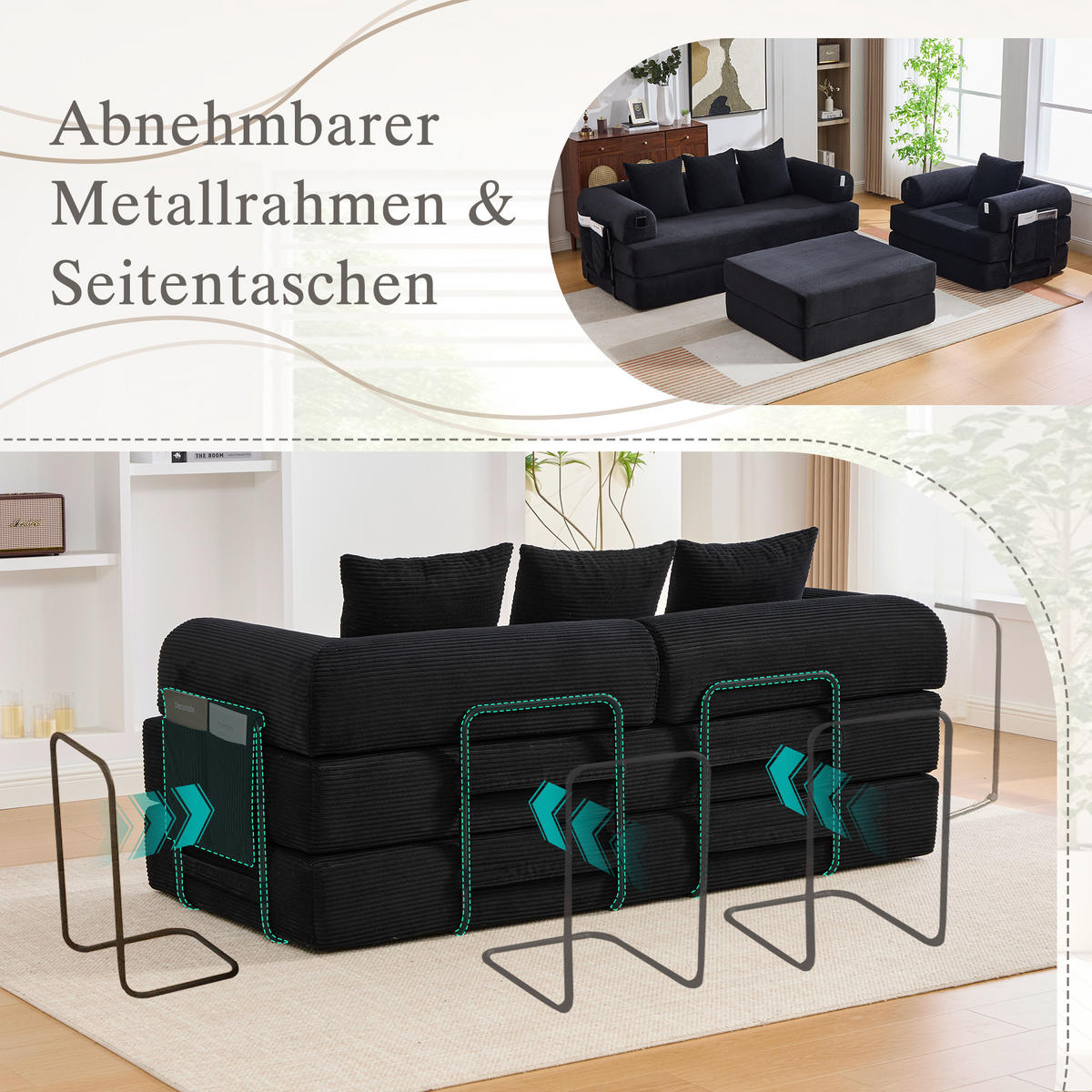 SITZGARNITUR DE-33801 modular mit Hocker Schwarz - Schwarz, Metall (200/67/190cm) - ComfortXL