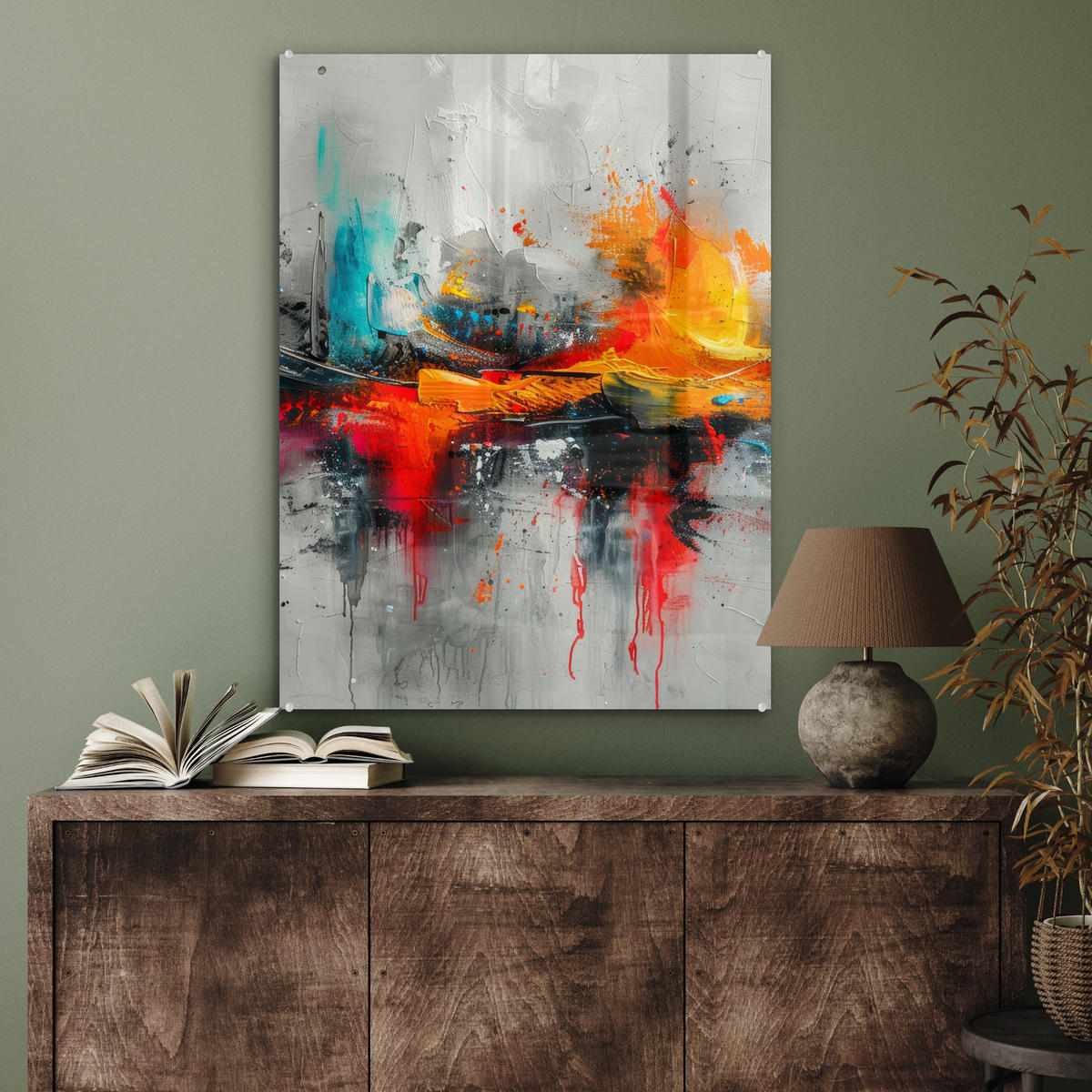 ACRYLGLASBILD Moderne Kunst - Orange - Grau - Abstrakt 60x80 cm - Hellgrau, Glas (60/80cm) - MuchoWow