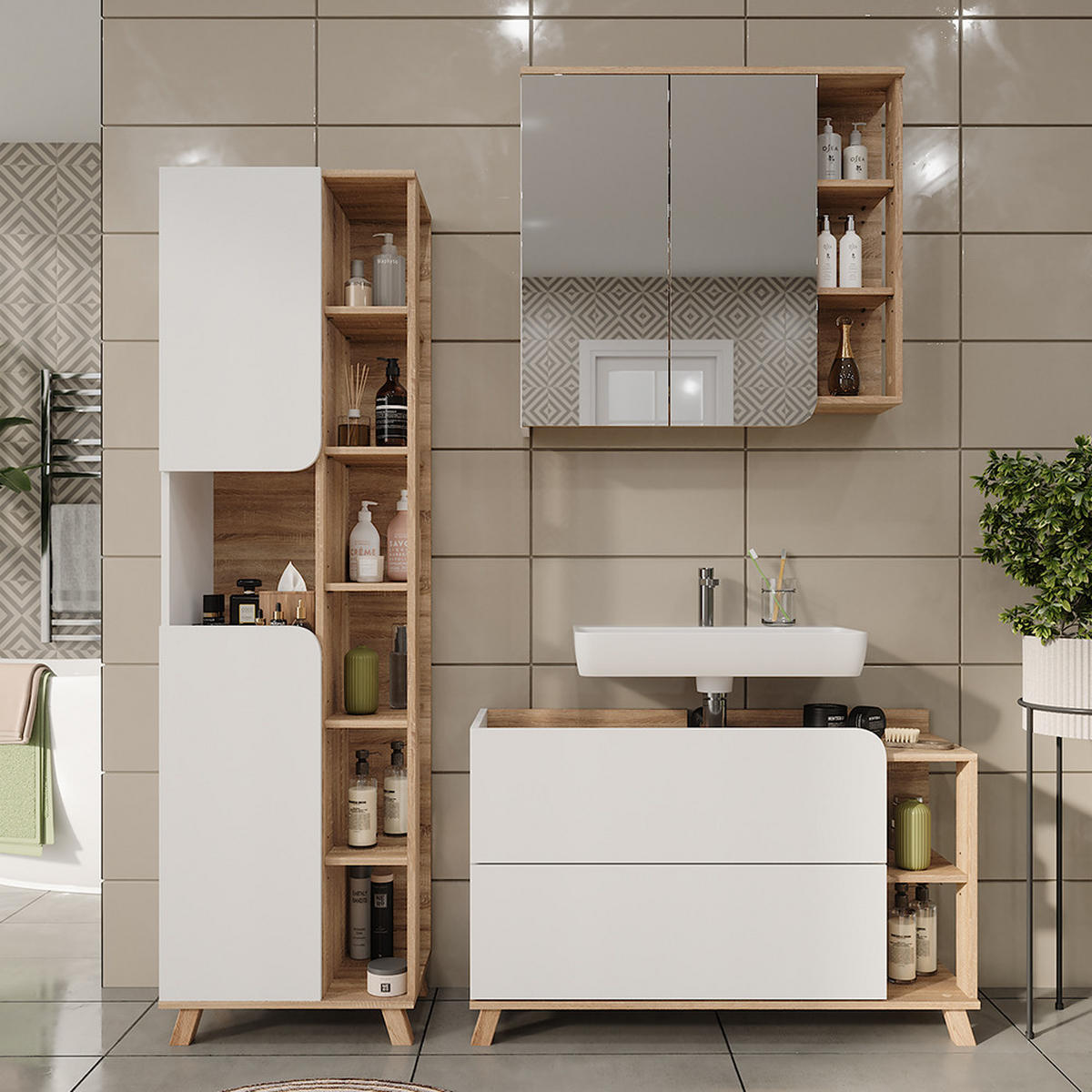 BADMÖBEL-SET Karen Sonoma/Weiß 3 Teile - Weiß/Sonoma Eiche, Holzwerkstoff (100/65/35cm) - Vicco