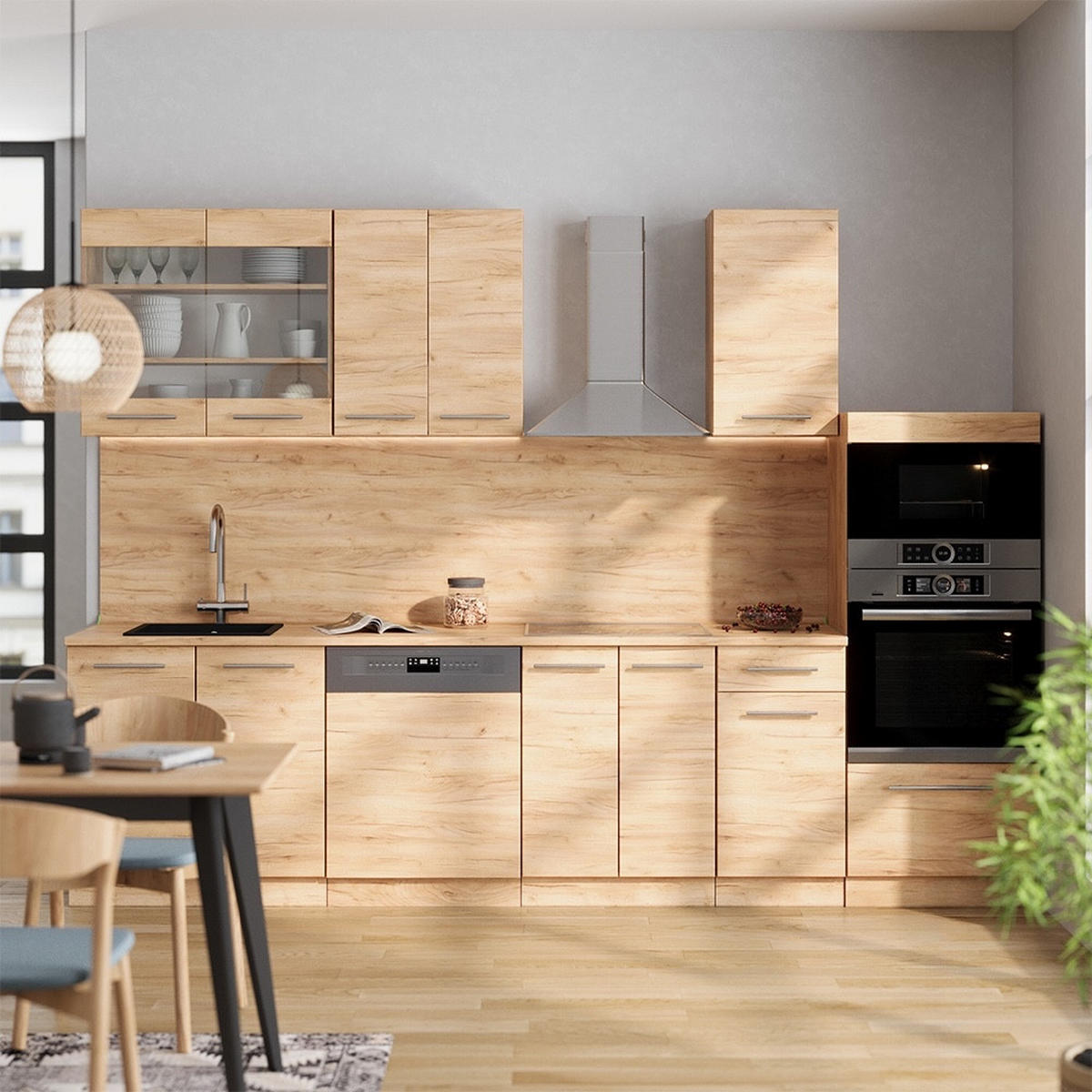 KÜCHENZEILE Fame-Line Goldkraft Eiche 300 cm mit Hochschrank, AP Marmor - Honigeiche, Holzwerkstoff (300/153.6/60cm) - Vicco